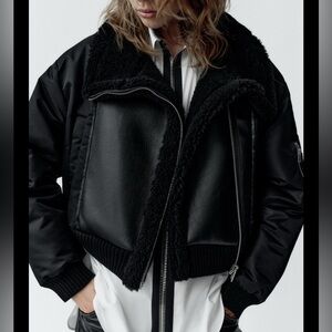 Women's Black Shearling Jacket contrast fur XS/S Zara jacket